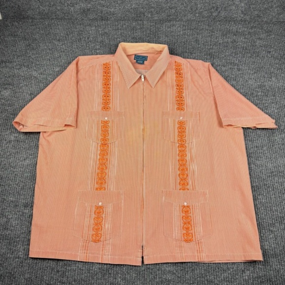 Vtg Y2K Guayabera Shirt Mens 2XL Front Zip Pinstripe Retro Resort Cabana Camp